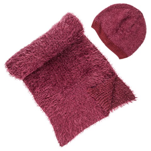Women's Luxe Feather Winter Scarf and Hat Set - Wine