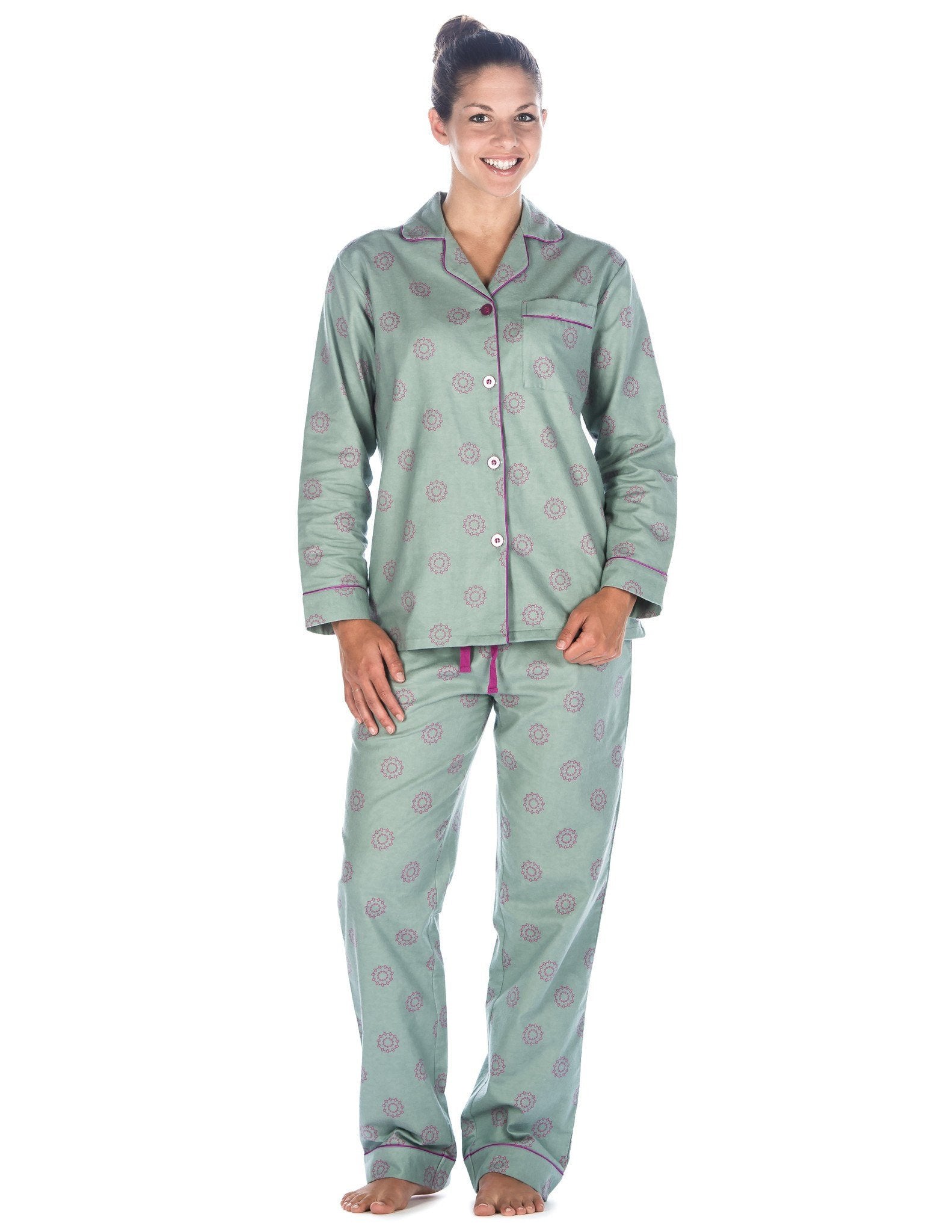 Women's Premium 100% Cotton Flannel Pajama Sleepwear Set (Relaxed Fit) - Ginko Circles - Green