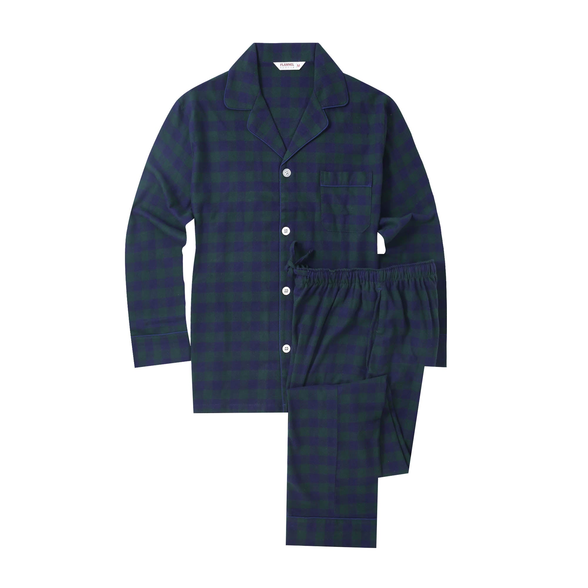 Flannel People Mens 100% Cotton Flannel Pajama Set with Pant Pockets & Drawstring - Gingham Green-Navy