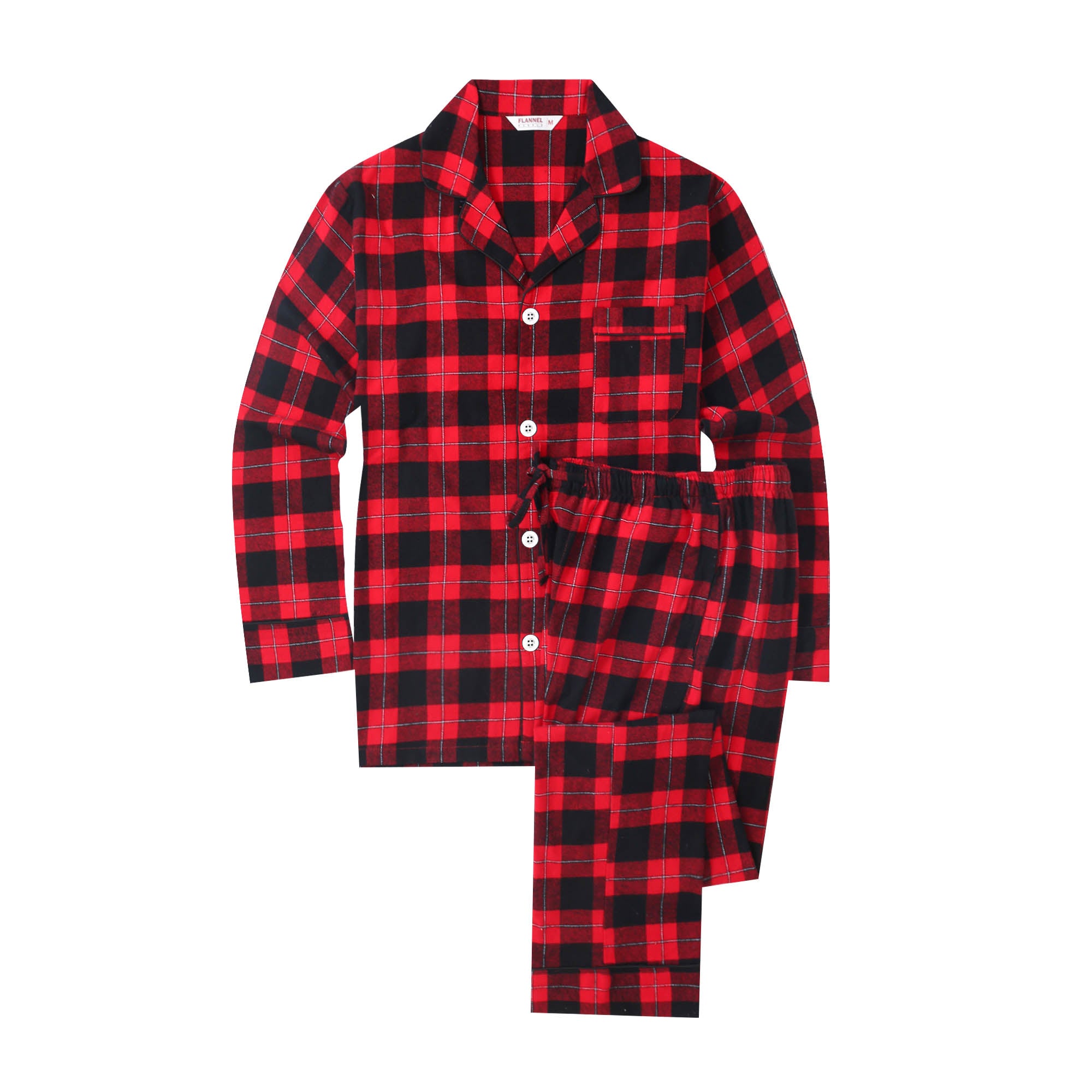 Flannel People Mens 100% Cotton Flannel Pajama Set with Pant Pockets & Drawstring - Plaid Red-Black