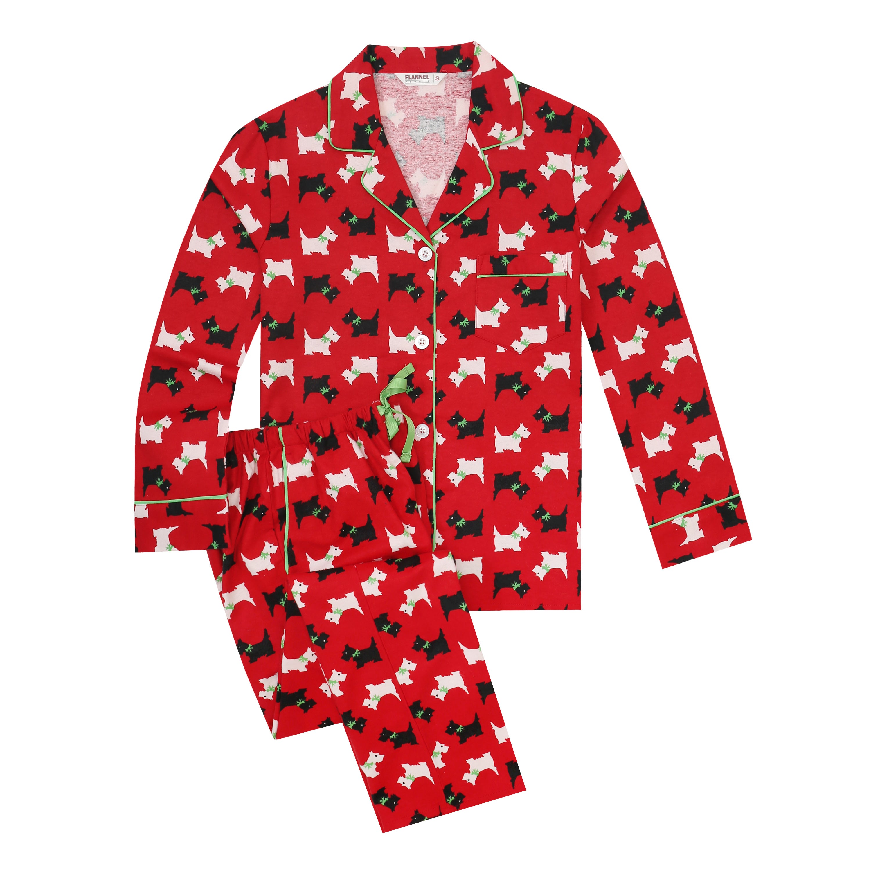 Flannel People Women Pajamas Set - 100% Cotton Flannel Pajamas Women Warm PJs Set - Scottie Dog - Red