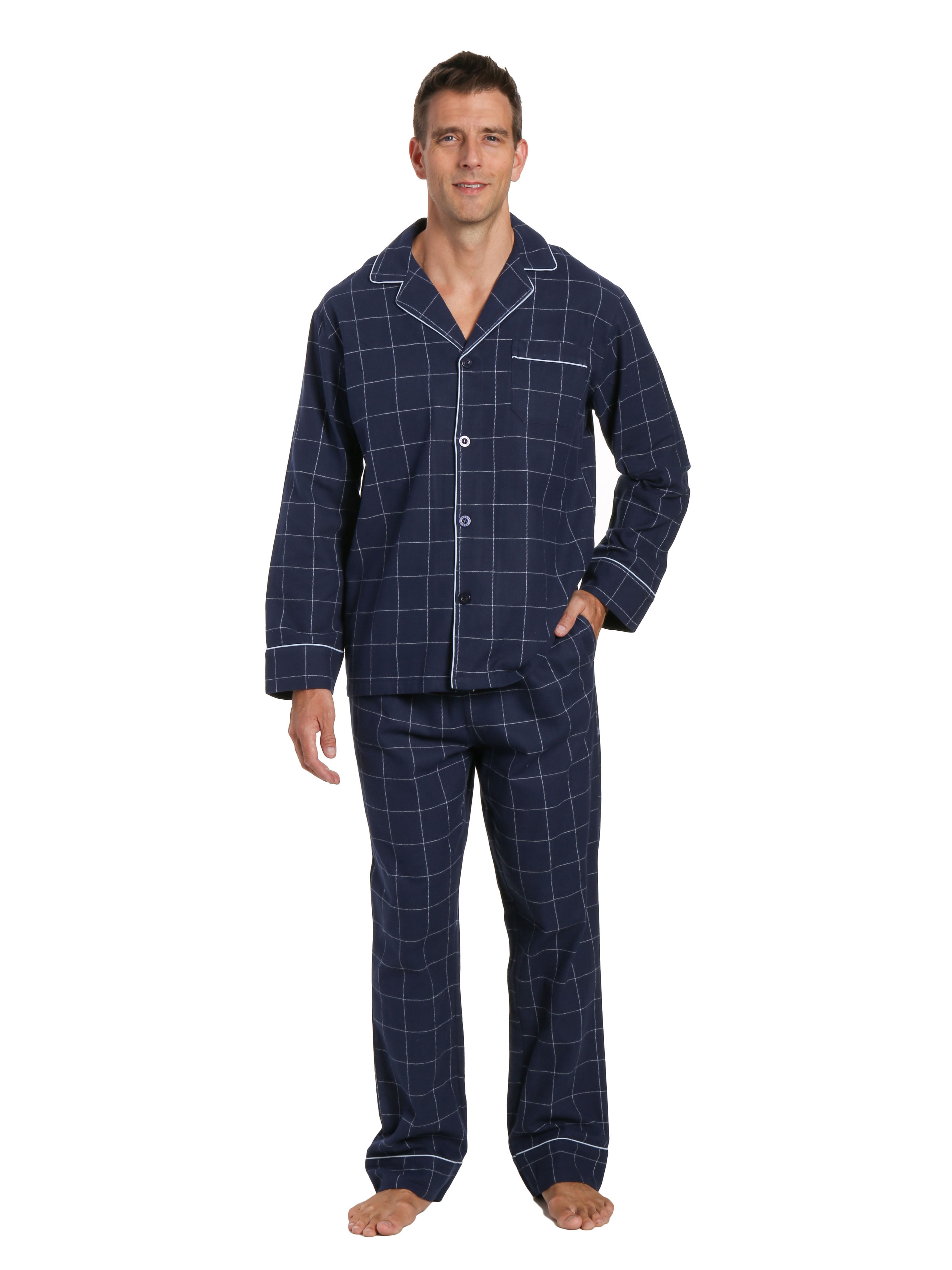 Mens 100% Cotton Flannel Pajama Set - Windowpane Checks - Navy