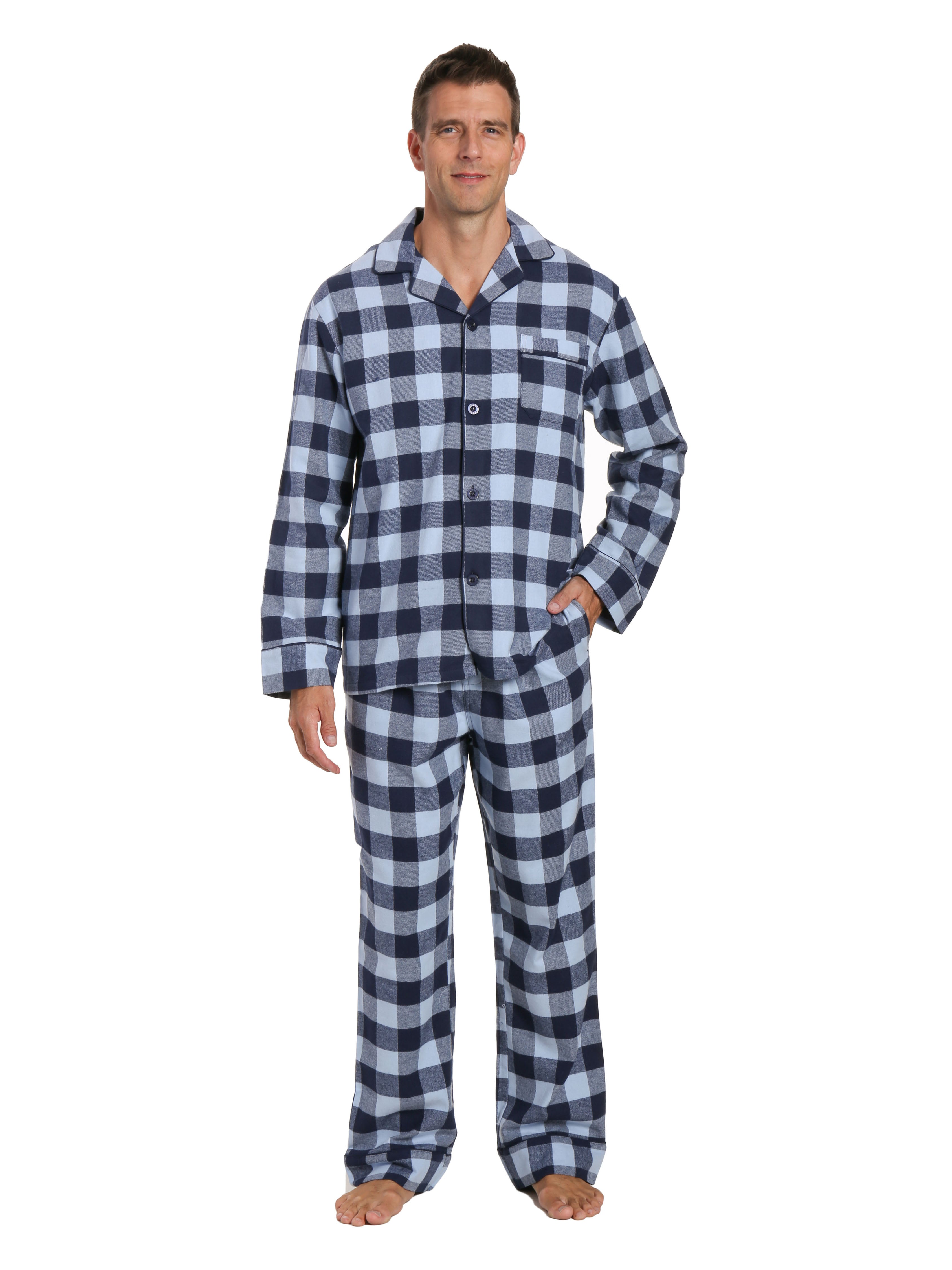 Mens 100% Cotton Flannel Pajama Set - Gingham Checks - Navy-Blue