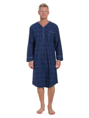 Mens 100% Cotton Flannel Nightshirt - Windowpane Checks Dark Blue