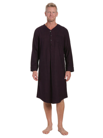 Mens 100% Cotton Flannel Nightshirt - Herringbone Fig/Black