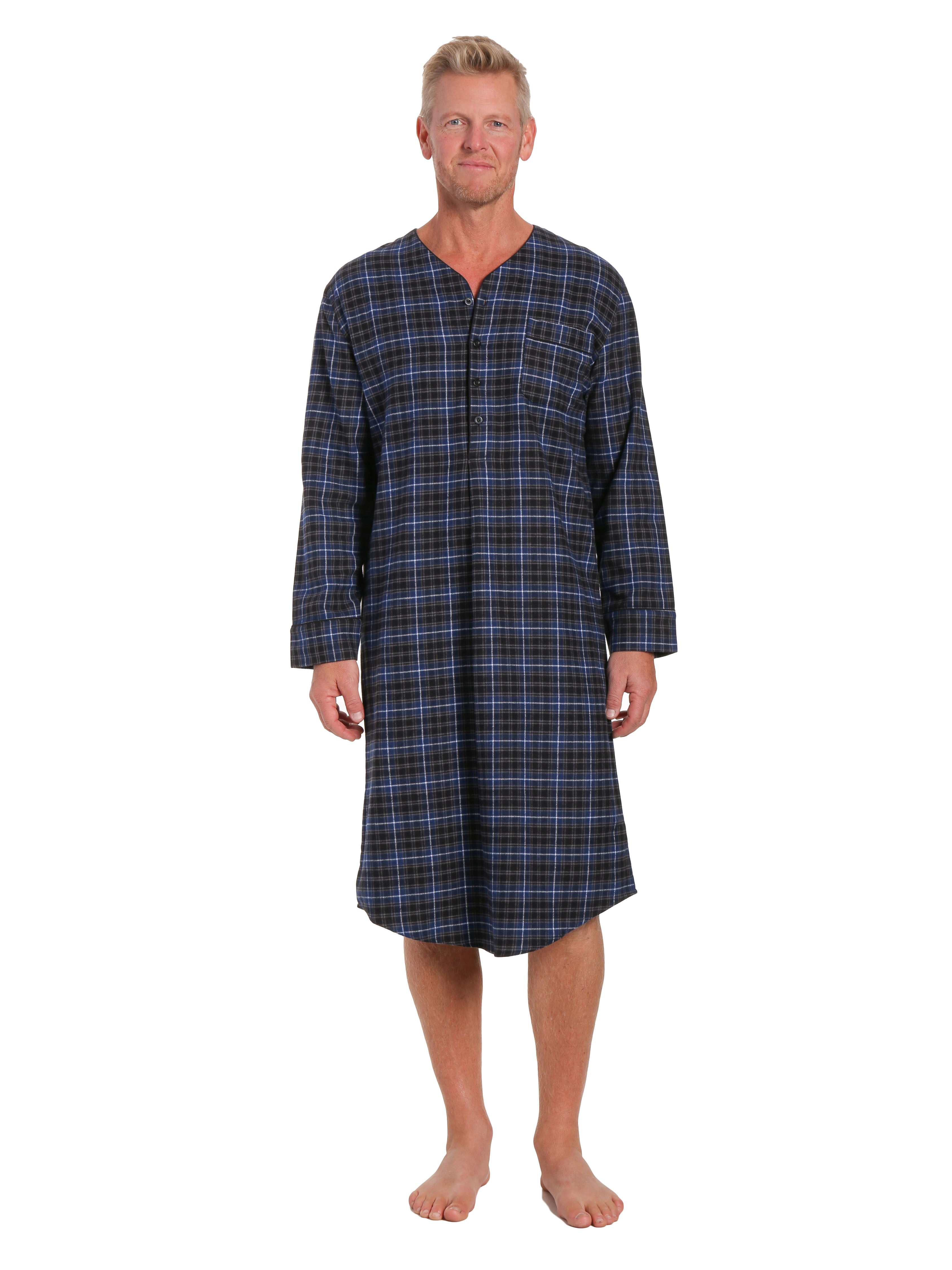 Mens 100% Cotton Flannel Nightshirt - Plaid Navy/Black