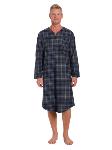 Mens 100% Cotton Flannel Nightshirt - Plaid Navy/Black