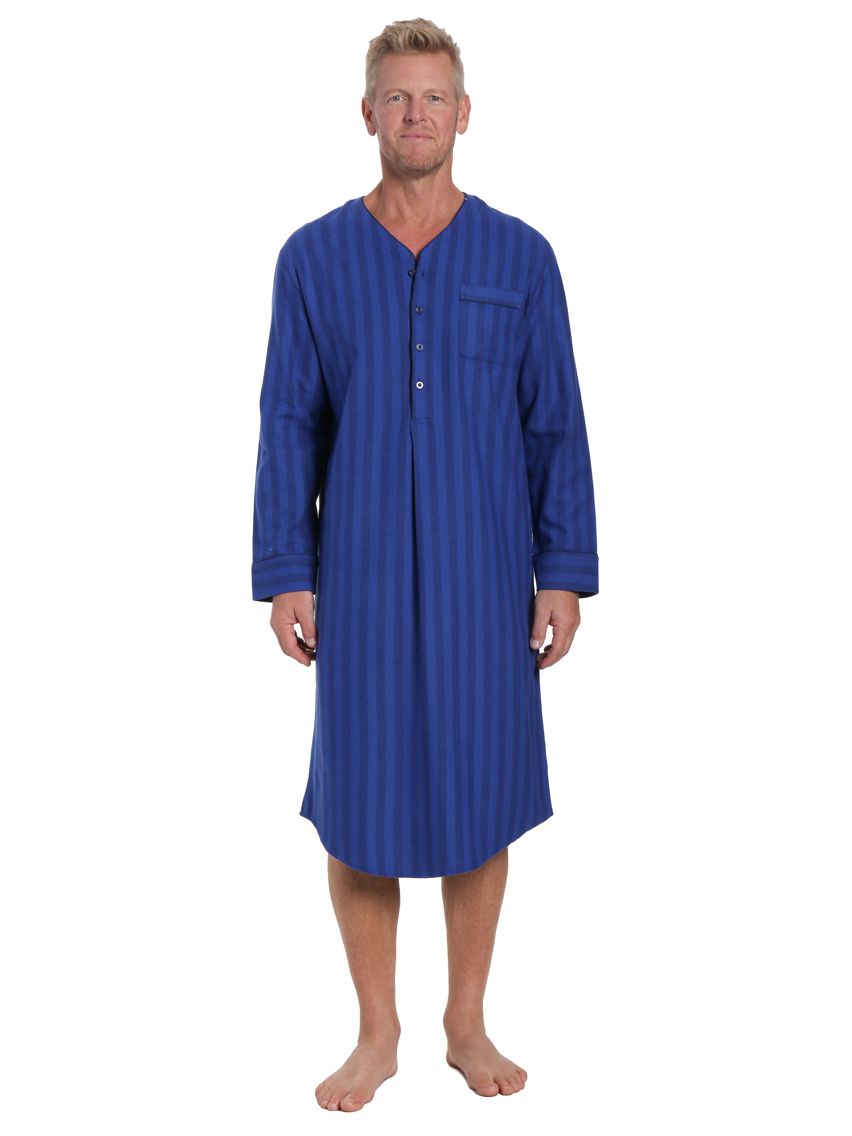 Mens 100% Cotton Flannel Nightshirt - Stripes Tonal Blue
