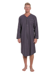 Mens 100% Cotton Flannel Nightshirt - Stripes Black/Grey