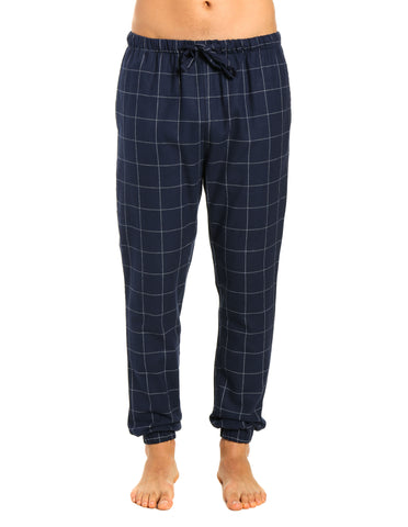 Mens 100% Cotton Flannel Jogger Lounge Pants - Windowpane Checks - Navy