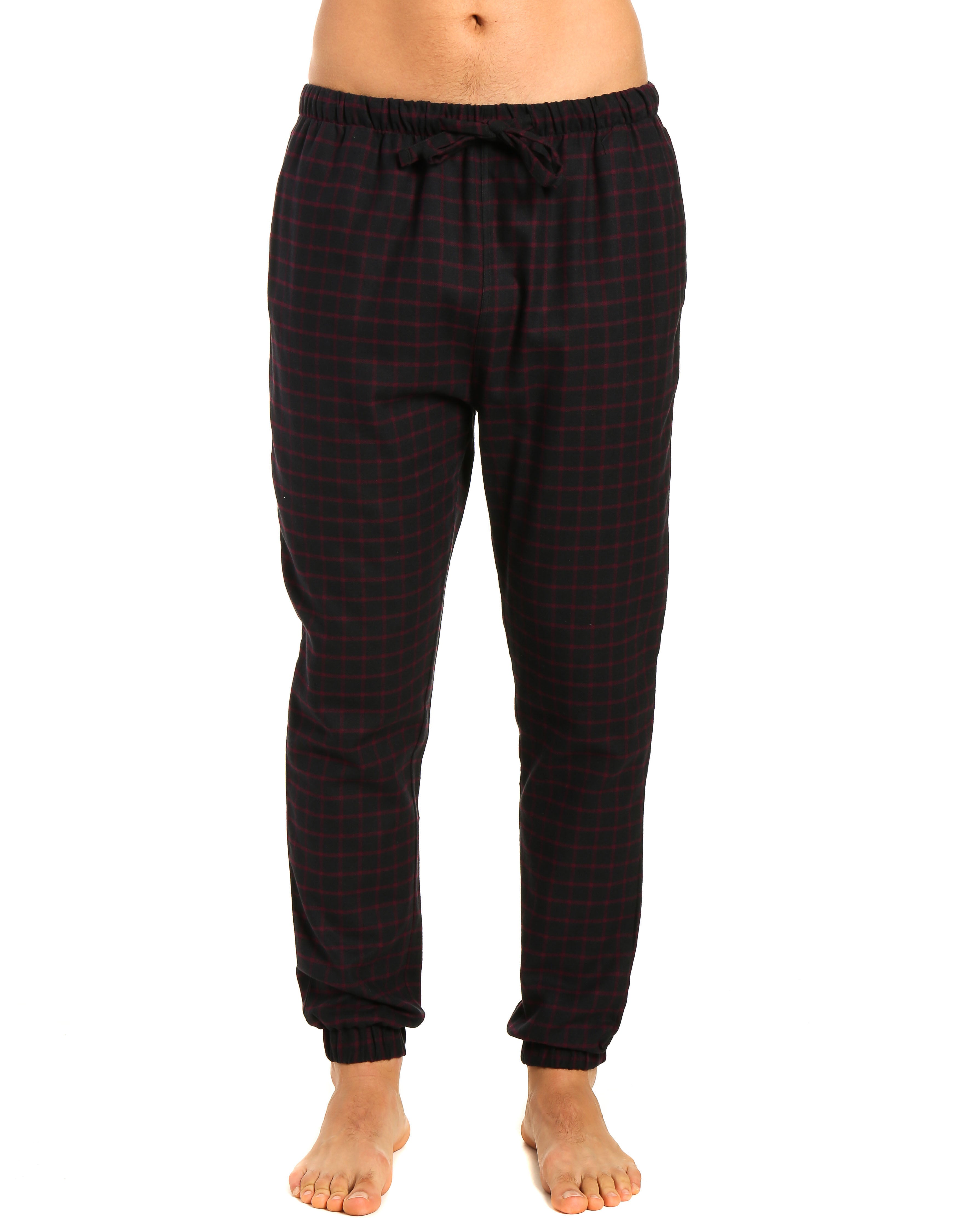 Mens 100% Cotton Flannel Jogger Lounge Pants - Checks - Black-Fig