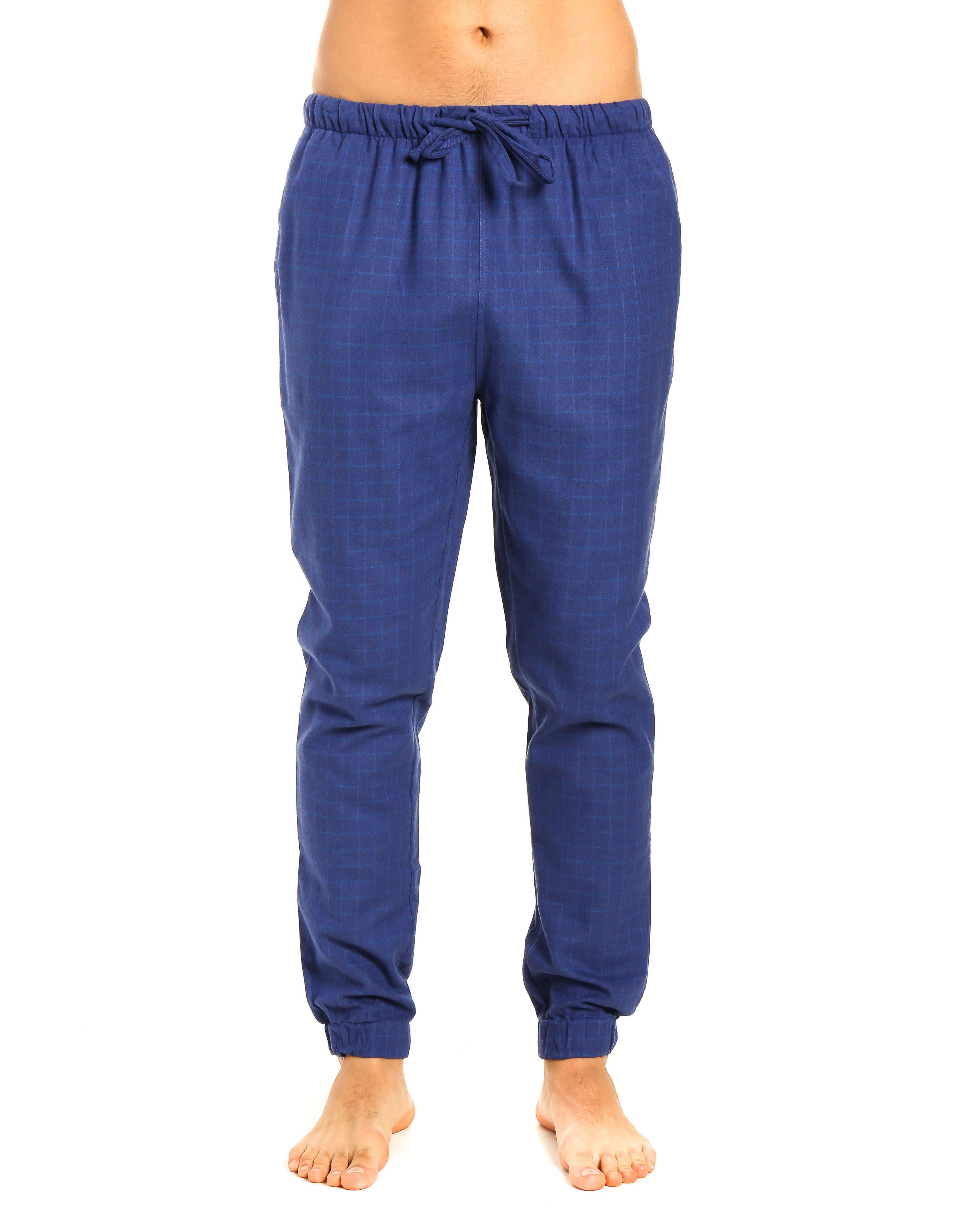 Mens 100% Cotton Flannel Jogger Lounge Pants - Windowpane Checks - Navy Blue