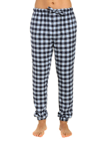 Mens 100% Cotton Flannel Jogger Lounge Pants - Gingham Checks - Navy Blue