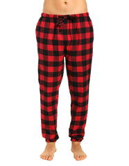Mens 100% Cotton Flannel Jogger Lounge Pants - Gingham Checks - Black-Red