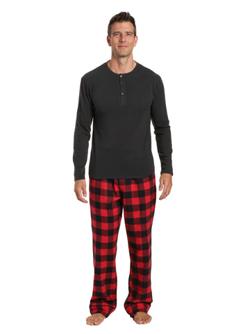 Mens Premium 100% Cotton Flannel Lounge Set - Gingham Checks - Black-Red