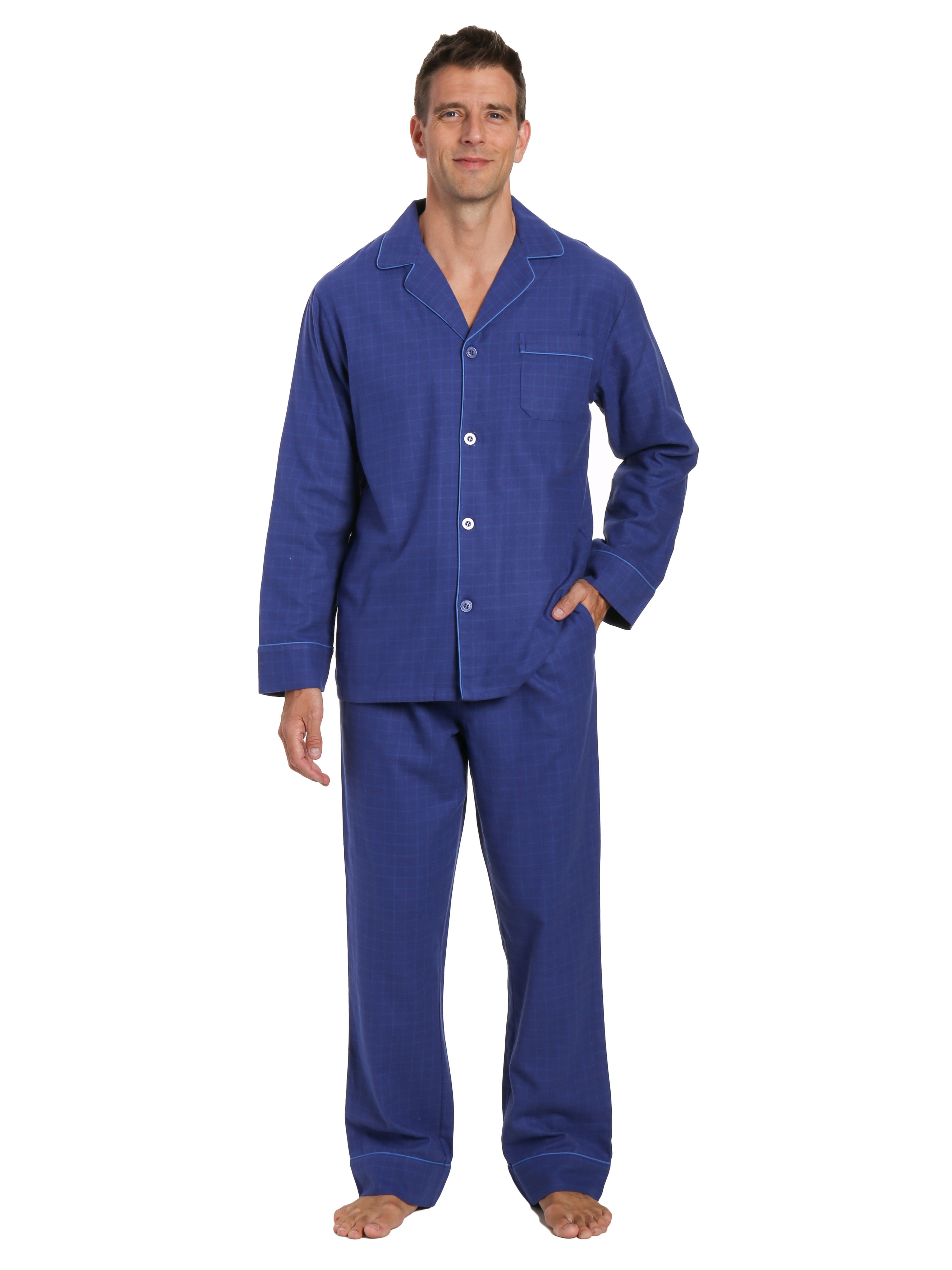 Box Packaged Men's Premium 100% Cotton Flannel Pajama Sleepwear Set - Windowpane Checks - Navy Blue