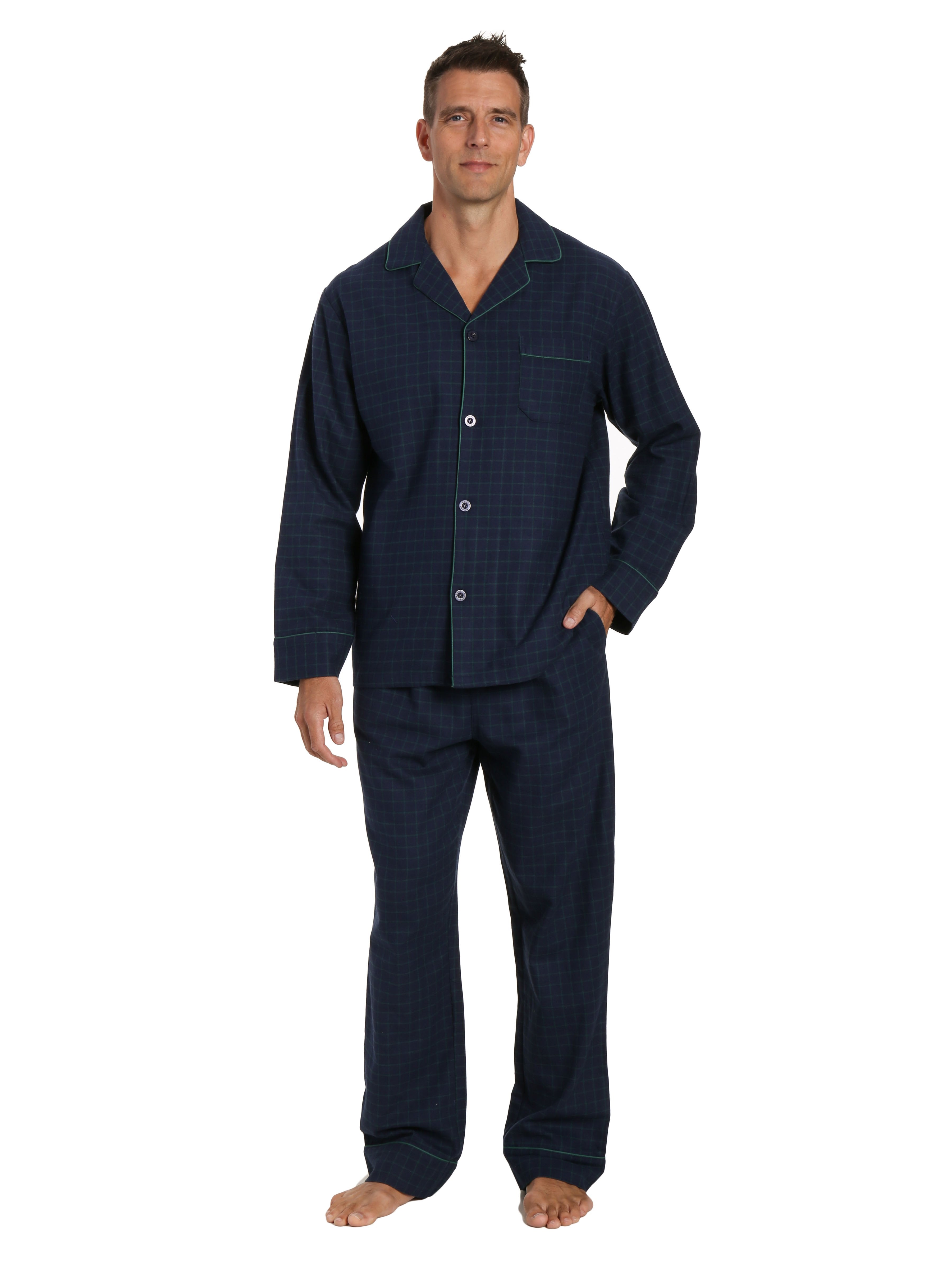 Box Packaged Men's Premium 100% Cotton Flannel Pajama Sleepwear Set - Windowpane Checks - Navy Green