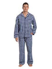 Men's Premium 100% Cotton Flannel Pajama Sleepwear Set - Gingham Checks Navy Blue