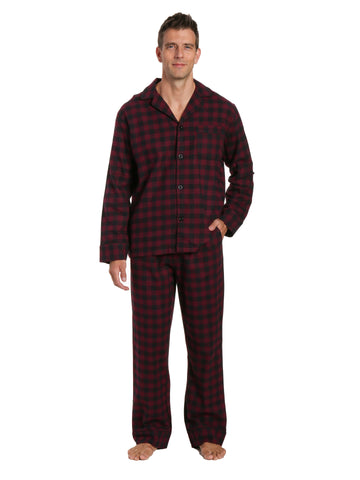 Box Packaged Men's Premium 100% Cotton Flannel Pajama Sleepwear Set - Gingham Checks Fig Black