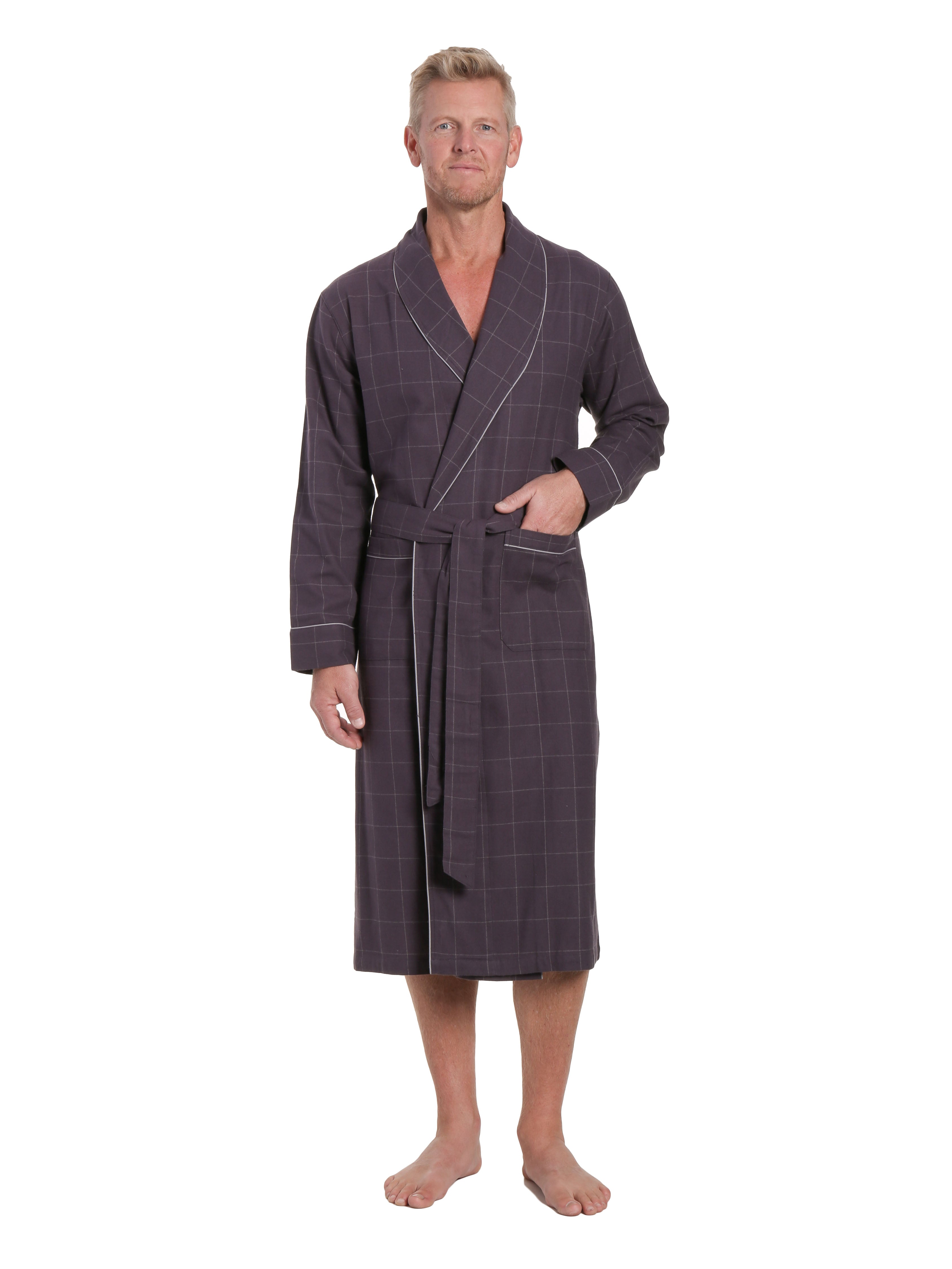 Mens Premium 100% Cotton Flannel Robe - Windowpane Checks - Iron