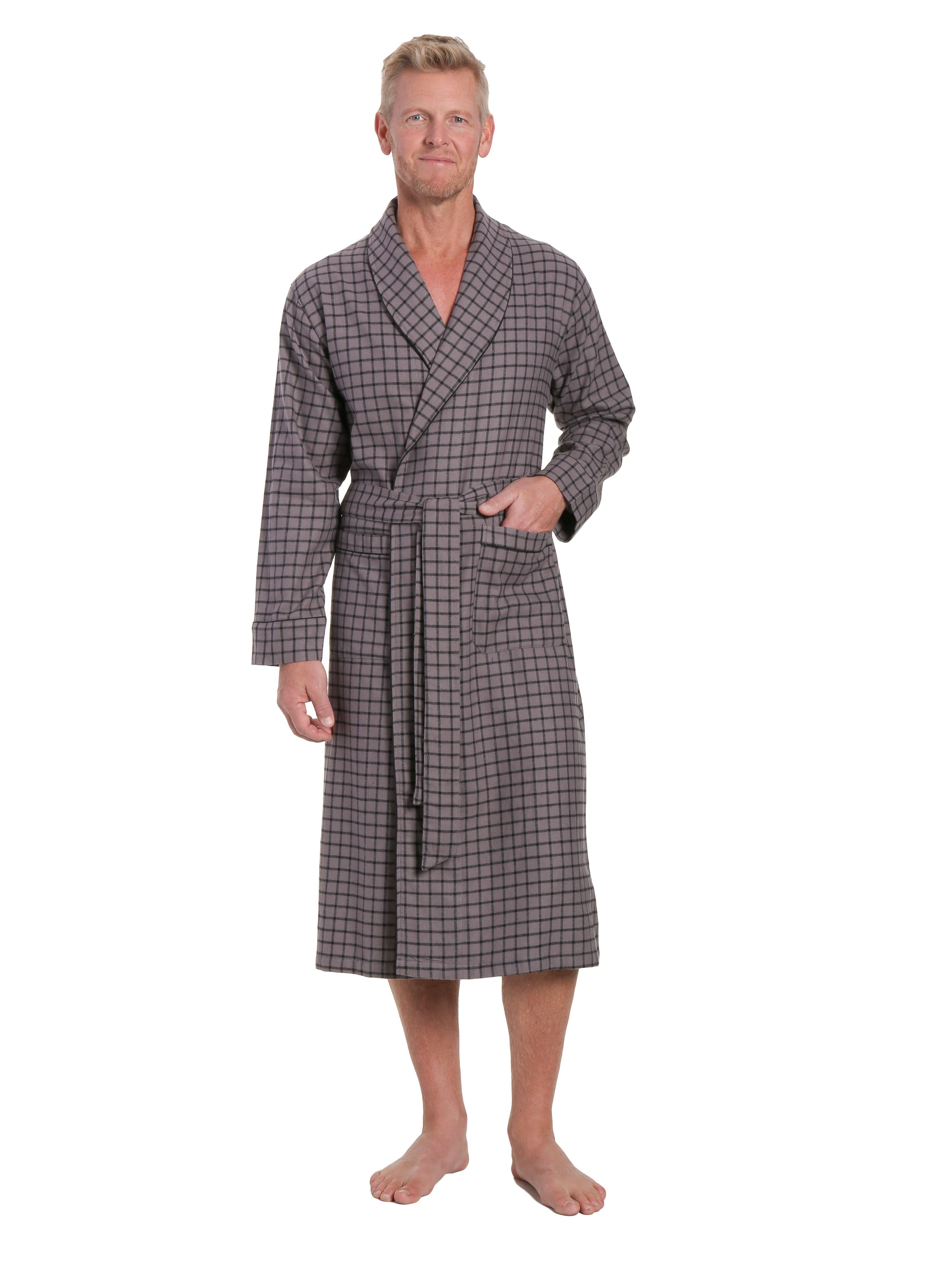 Mens Premium 100% Cotton Flannel Robe - Checks Charcoal-Black