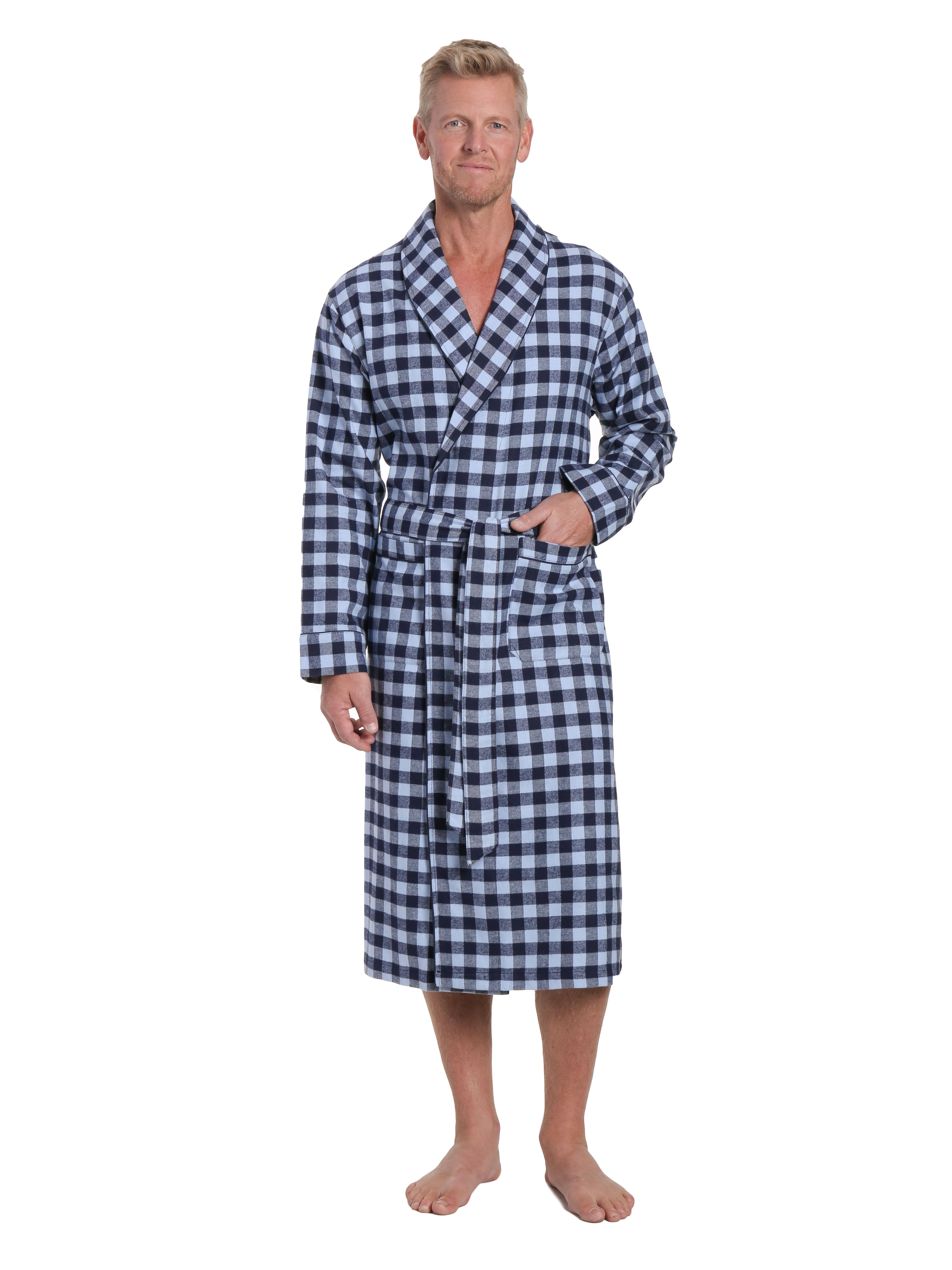 Mens Premium 100% Cotton Flannel Robe - Gingham Checks - Navy Blue