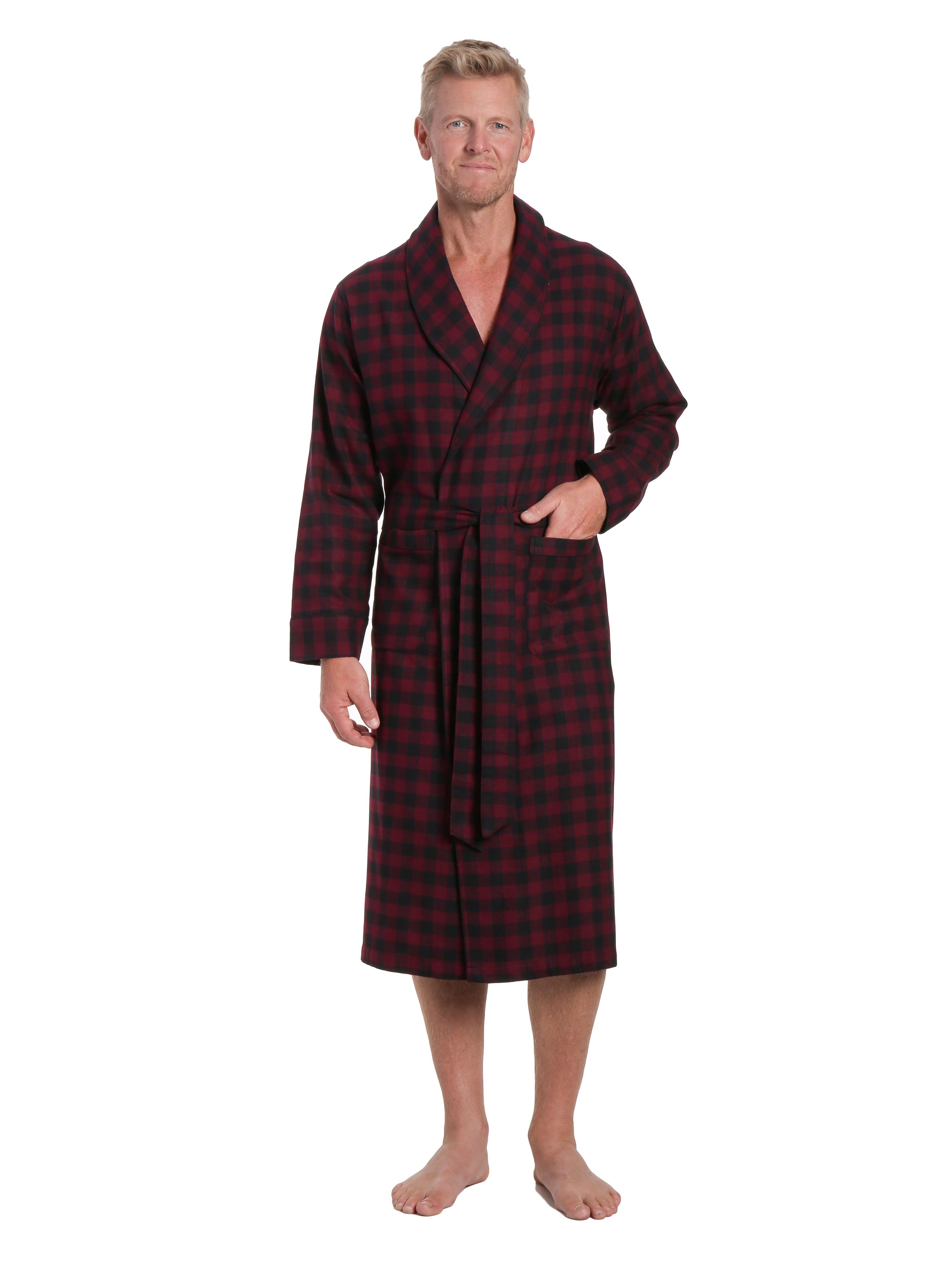 Mens Premium 100% Cotton Flannel Robe - Gingham Checks - Fig Black