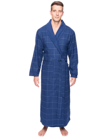 Men's Premium 100% Cotton Flannel Fleece Lined Robe - Windowpane Checks Dark Blue