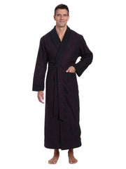Mens Premium 100% Cotton Flannel Fleece Lined Robe - Checks - Black-Fig