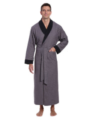 Mens Premium 100% Cotton Flannel Fleece Lined Robe - Checks Charcoal-Black