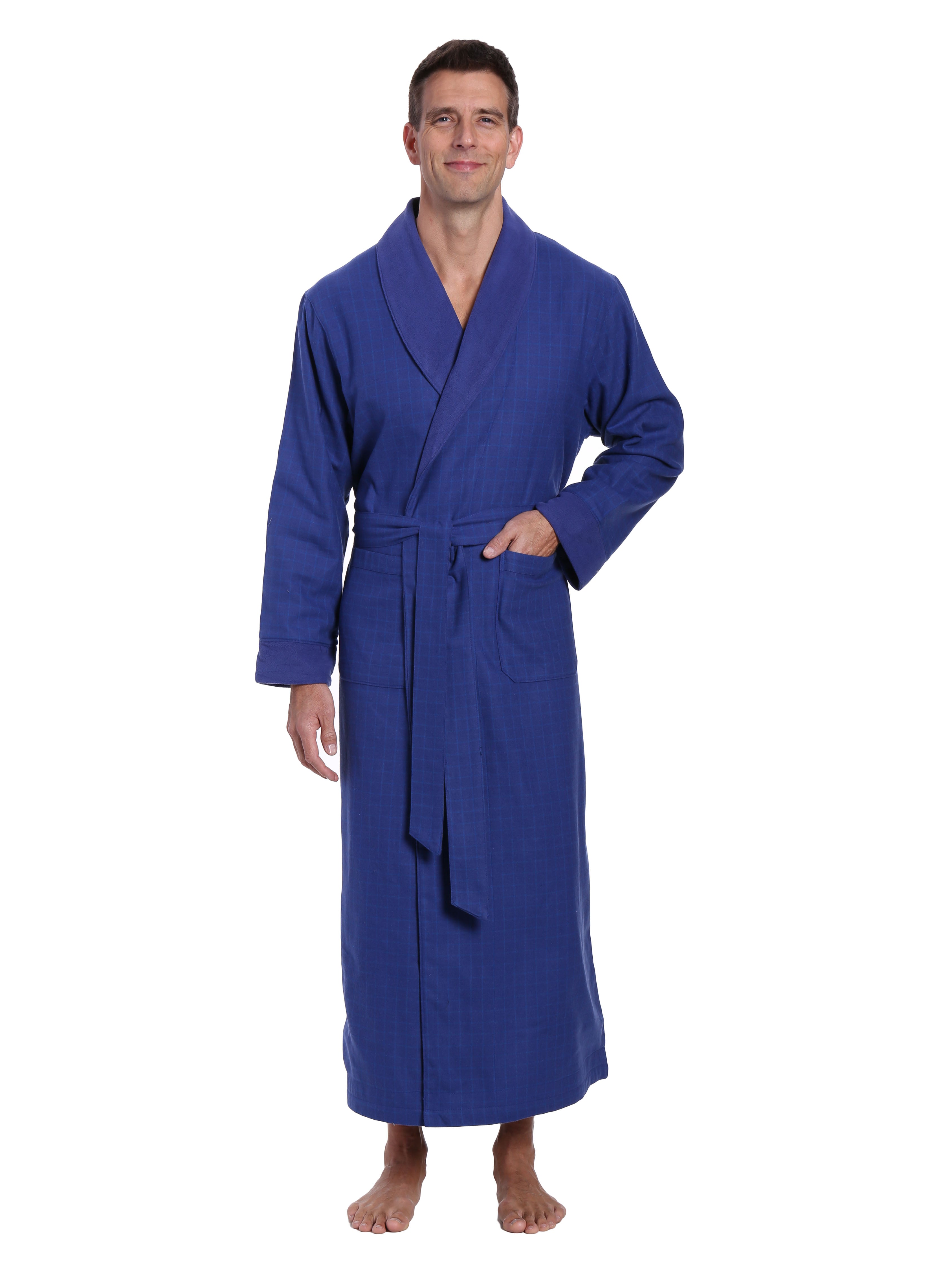 Mens Premium 100% Cotton Flannel Fleece Lined Robe - Windowpane Checks - Navy Blue