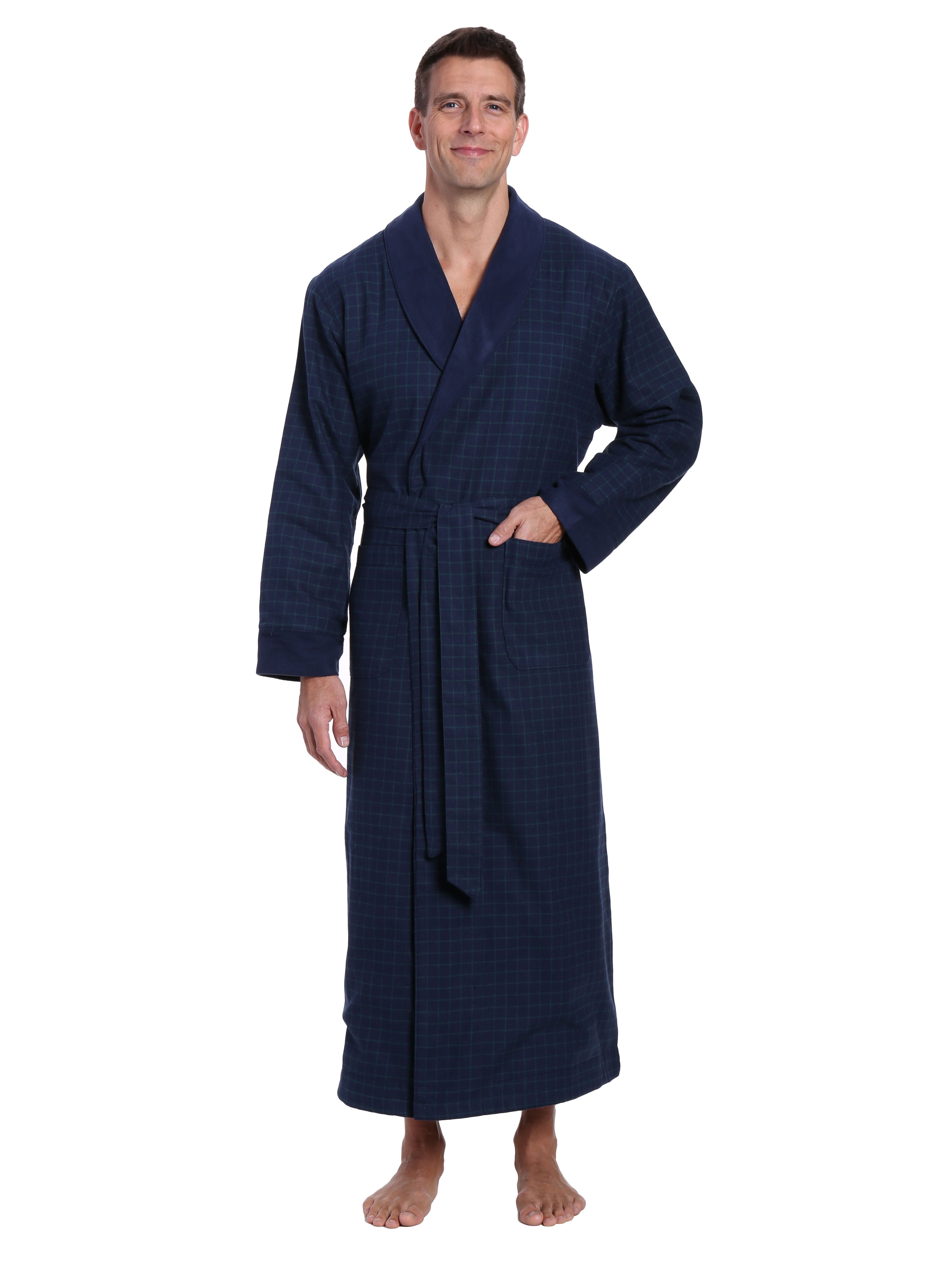 Mens Premium 100% Cotton Flannel Fleece Lined Robe - Windowpane Checks - Navy Green