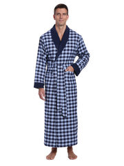 Mens Premium 100% Cotton Flannel Fleece Lined Robe - Gingham Checks - Navy Blue