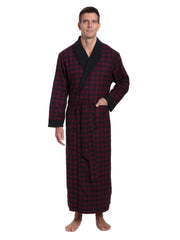 Mens Premium 100% Cotton Flannel Fleece Lined Robe - Gingham Checks - Fig Black