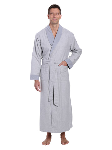 Mens Premium 100% Cotton Flannel Fleece Lined Robe - Heather Gray