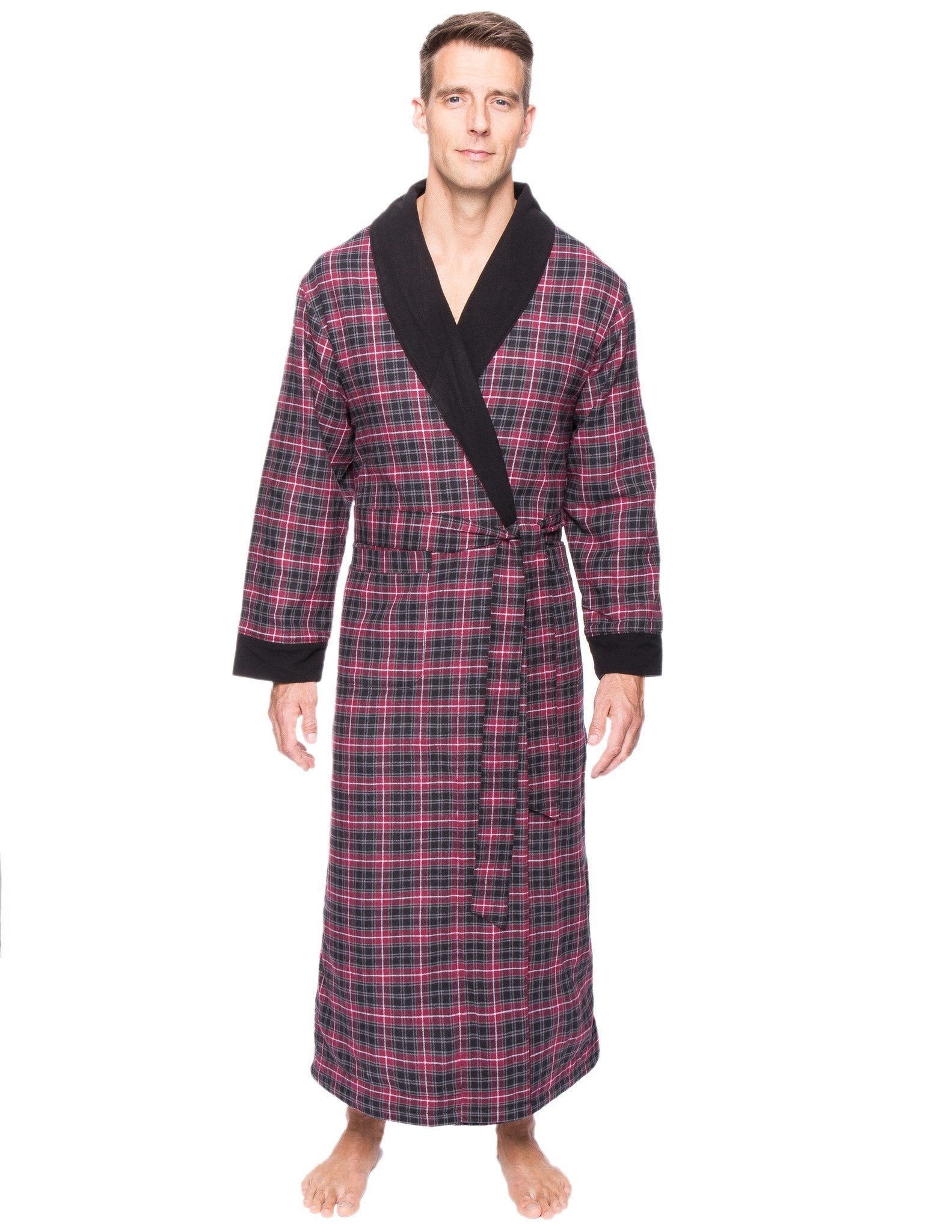 Men's Premium 100% Cotton Flannel Fleece Lined Robe - Burgundy/Grey