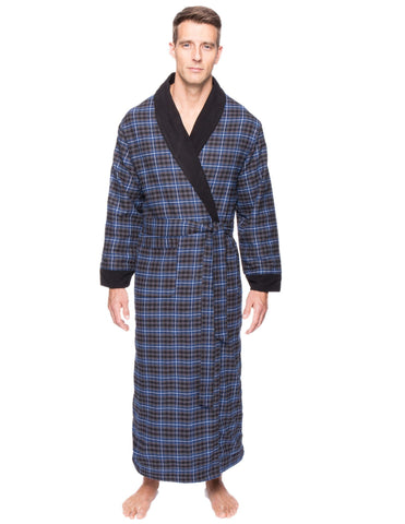 Men's Premium 100% Cotton Flannel Fleece Lined Robe - Plaid Navy/Black