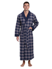 Mens Premium 100% Cotton Flannel Fleece Lined Robe - Gingham Checks - Charcoal-Navy