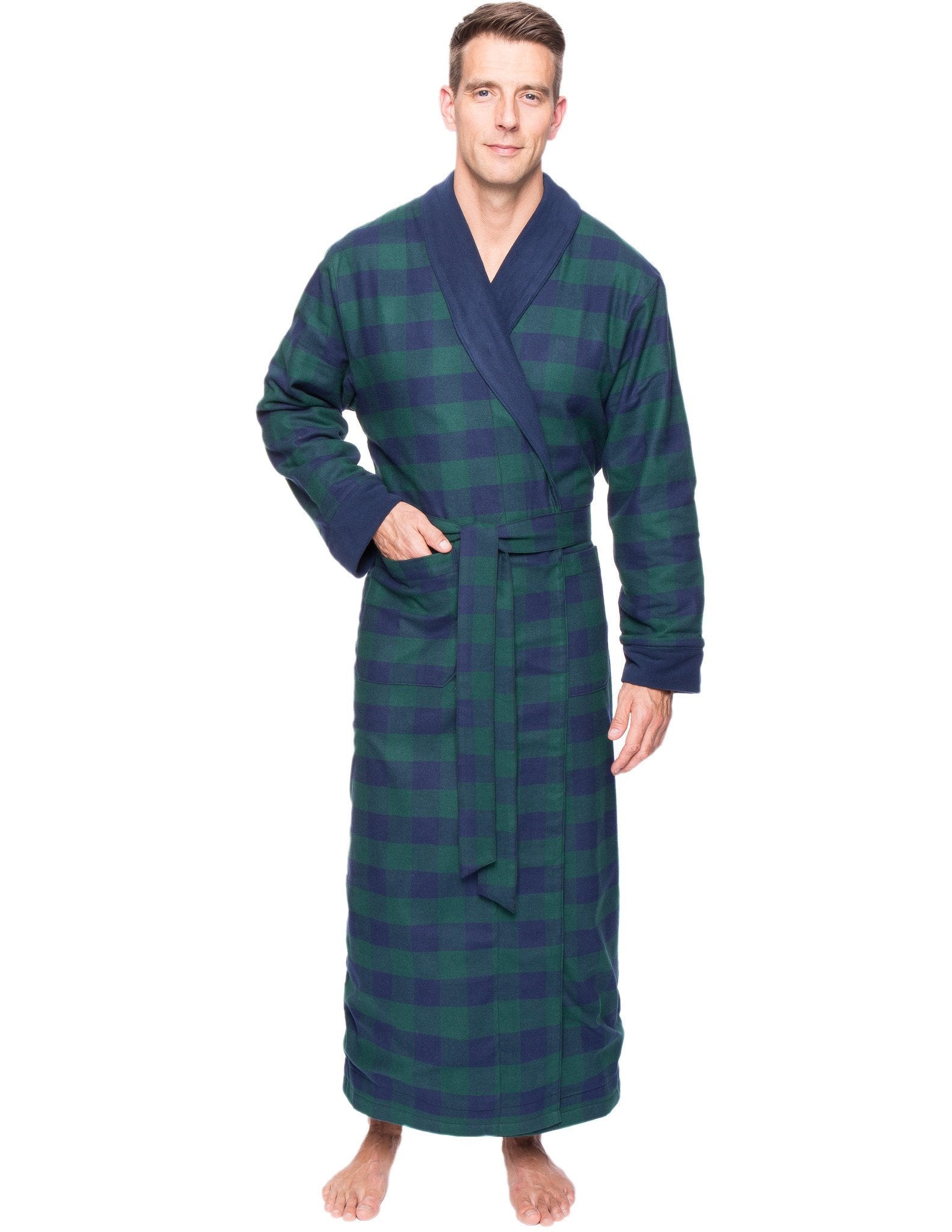 Men's Premium 100% Cotton Flannel Fleece Lined Robe - Gingham Green/Navy
