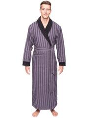 Men's Premium 100% Cotton Flannel Fleece Lined Robe - Stripes Black/Grey