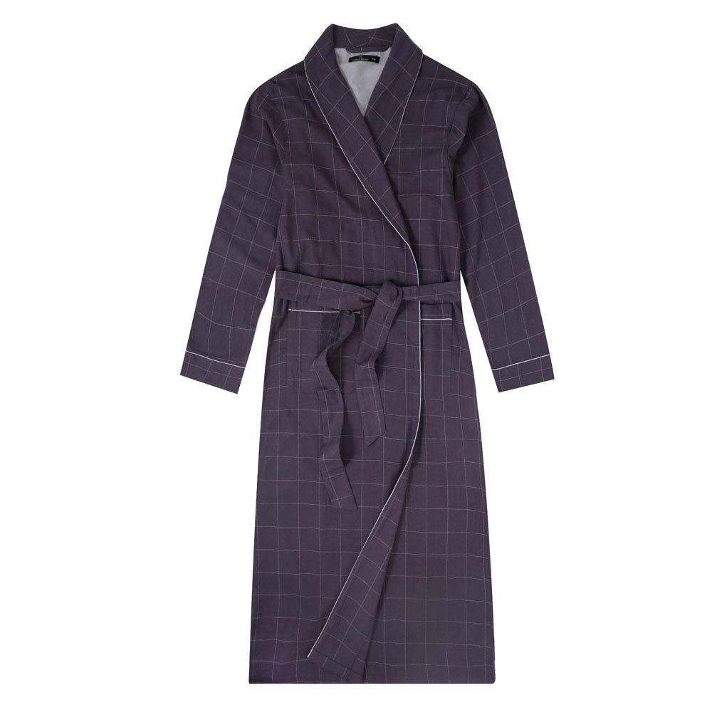 Mens Robe - 100% Cotton Flannel Robe Long - Windowpane Checks - Iron