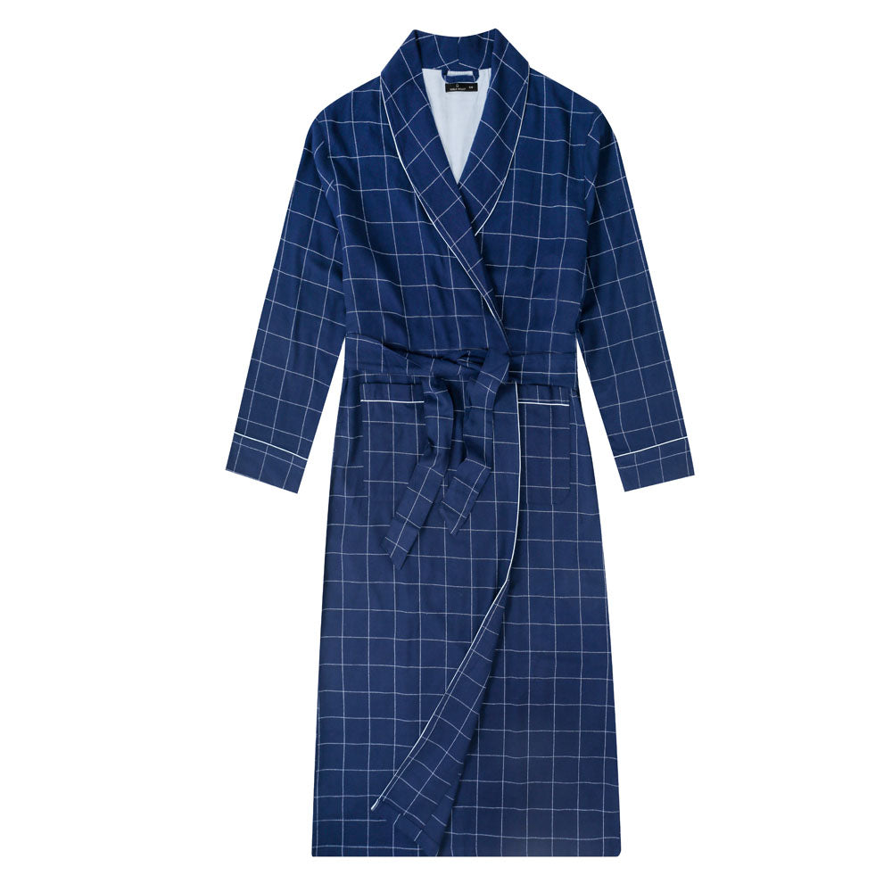 Mens Robe - 100% Cotton Flannel Robe Long - Windowpane Checks - Navy
