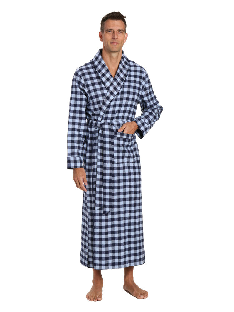 Mens Robe - 100% Cotton Flannel Robe Long - Gingham Checks - Navy Blue