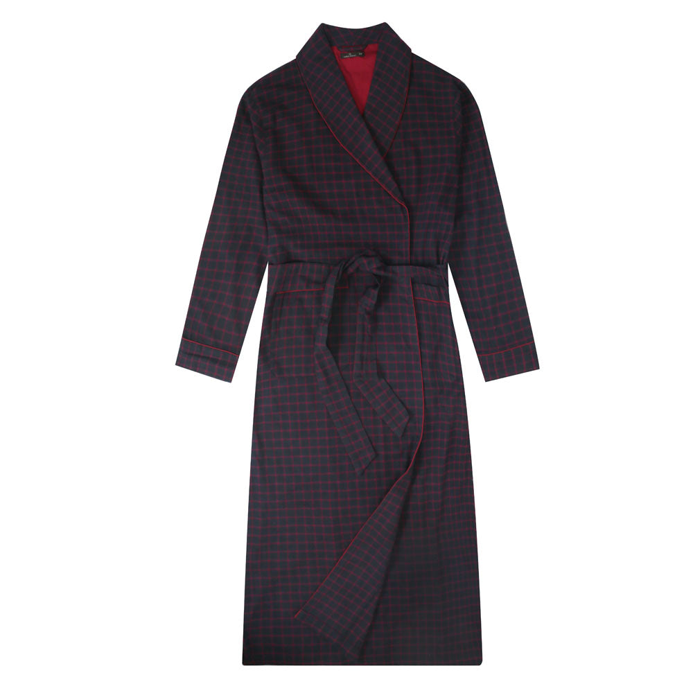 Mens Robe - 100% Cotton Flannel Robe Long - Gingham Checks - Fig Black