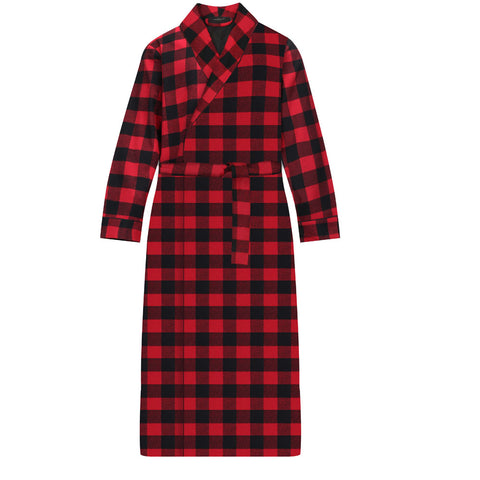 Mens Robe - 100% Cotton Flannel Robe Long - Buffalo Plaid Red-Black
