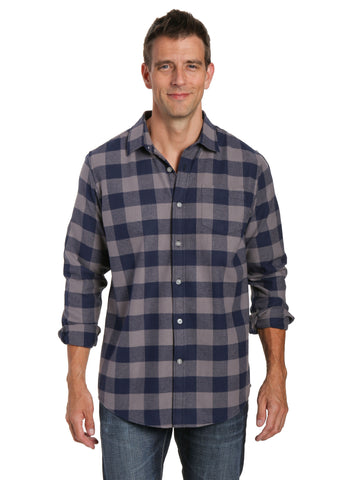 Mens 100% Cotton Flannel Shirt - Regular Fit - Gingham Checks - Charcoal-Navy