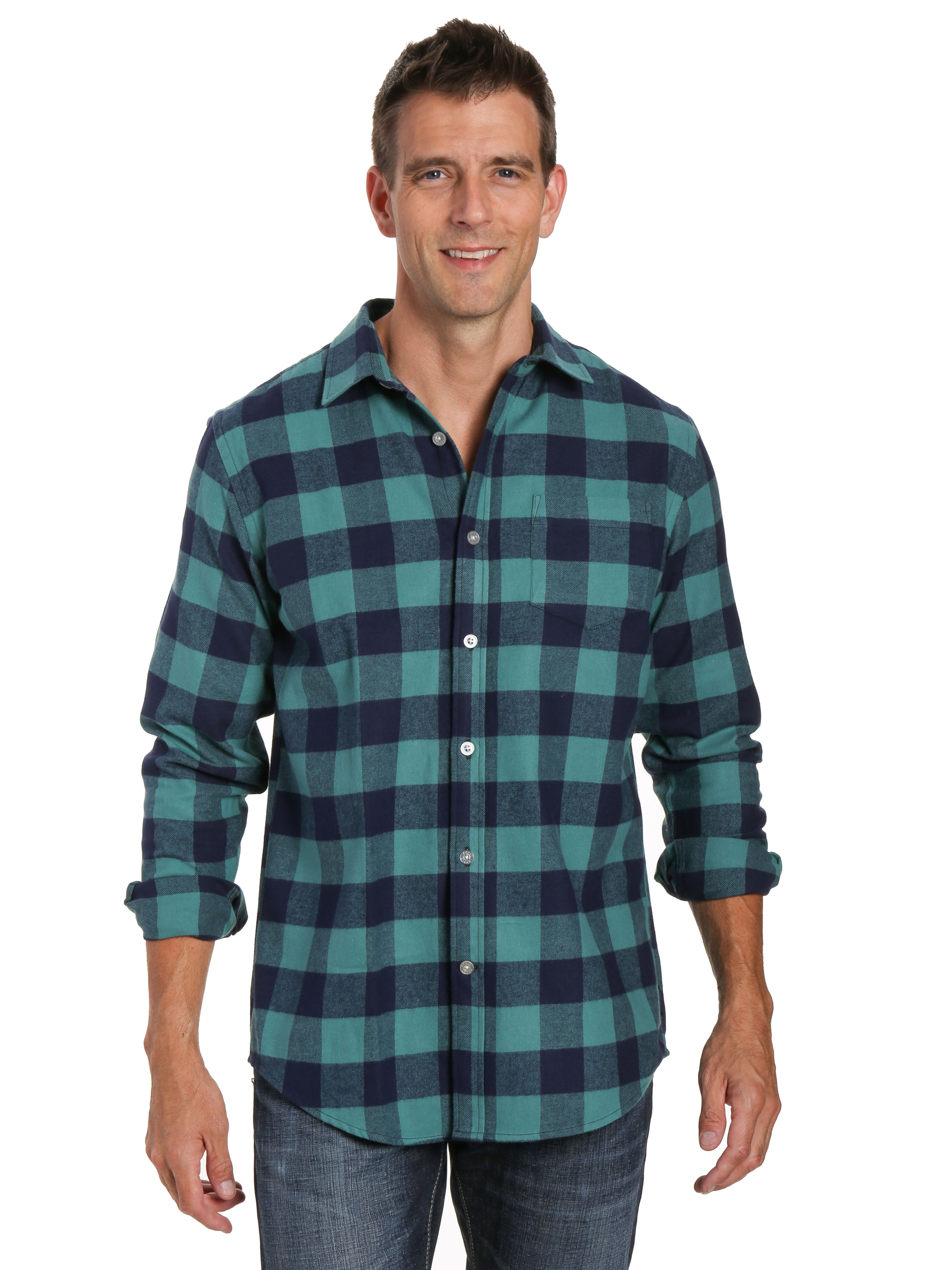 Mens 100% Cotton Flannel Shirt - Regular Fit - Gingham Checks - Blue-Green