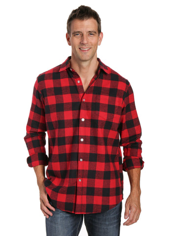 Mens 100% Cotton Flannel Shirt - Regular Fit - Gingham Checks - Black-Red