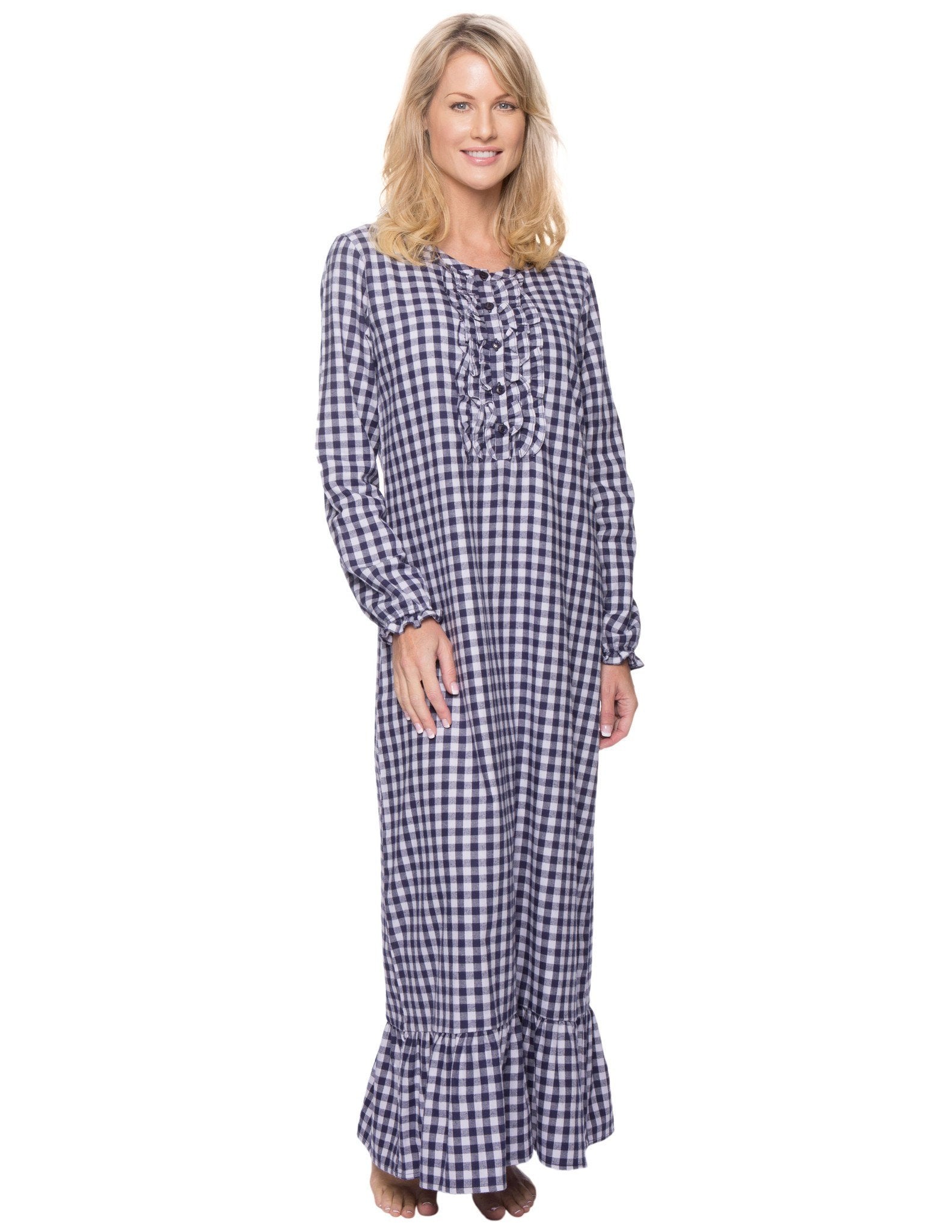 Women's Premium Flannel Long Gown - Gingham Blue/Heather