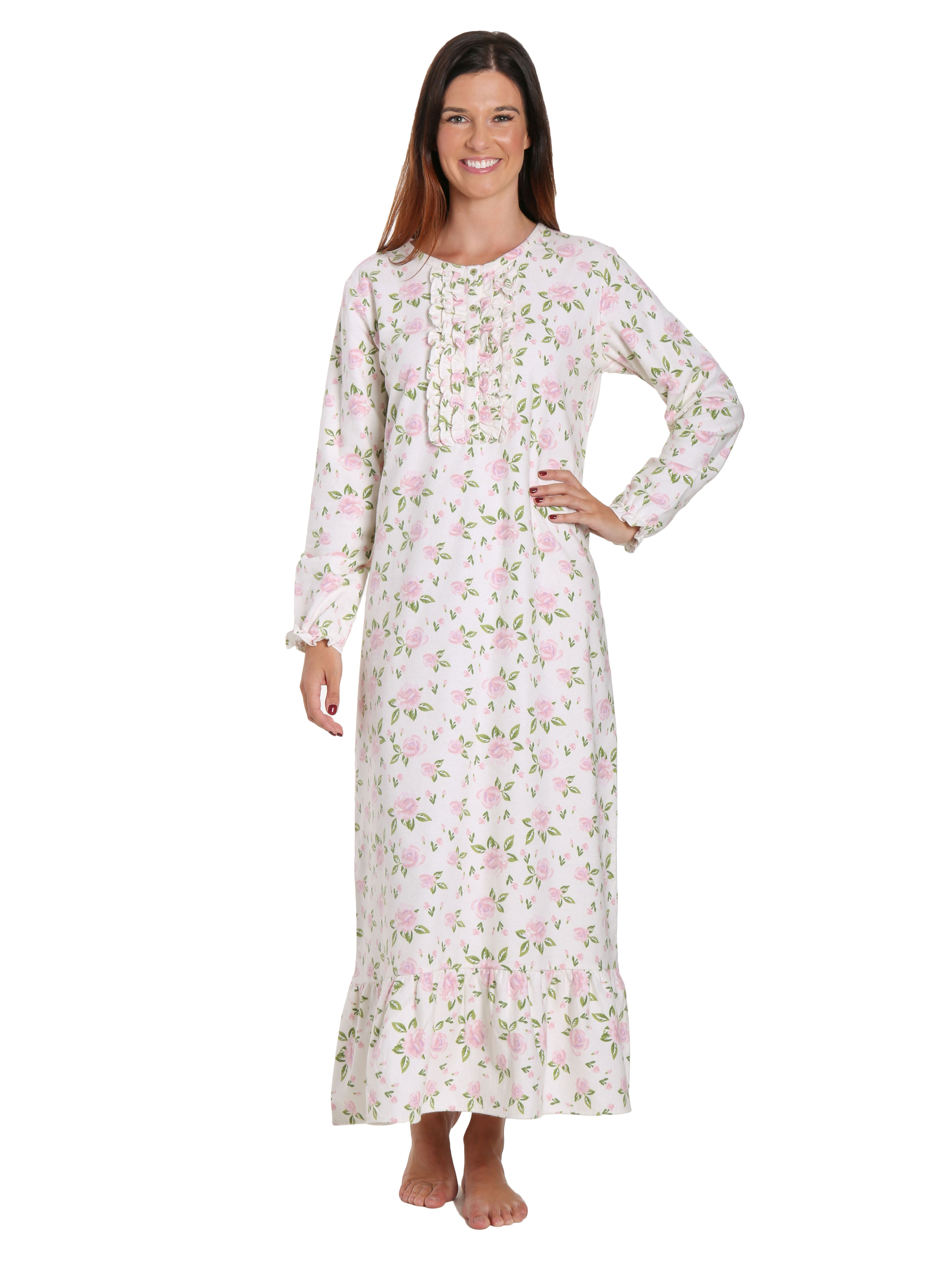 Women's Premium Flannel Long Gown - Gardenia Cream-Pink